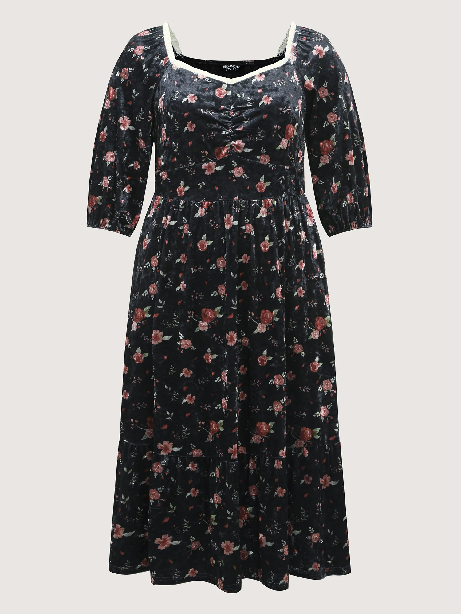 Velvet Floral Lace Ruched Midi Dress - Image 7