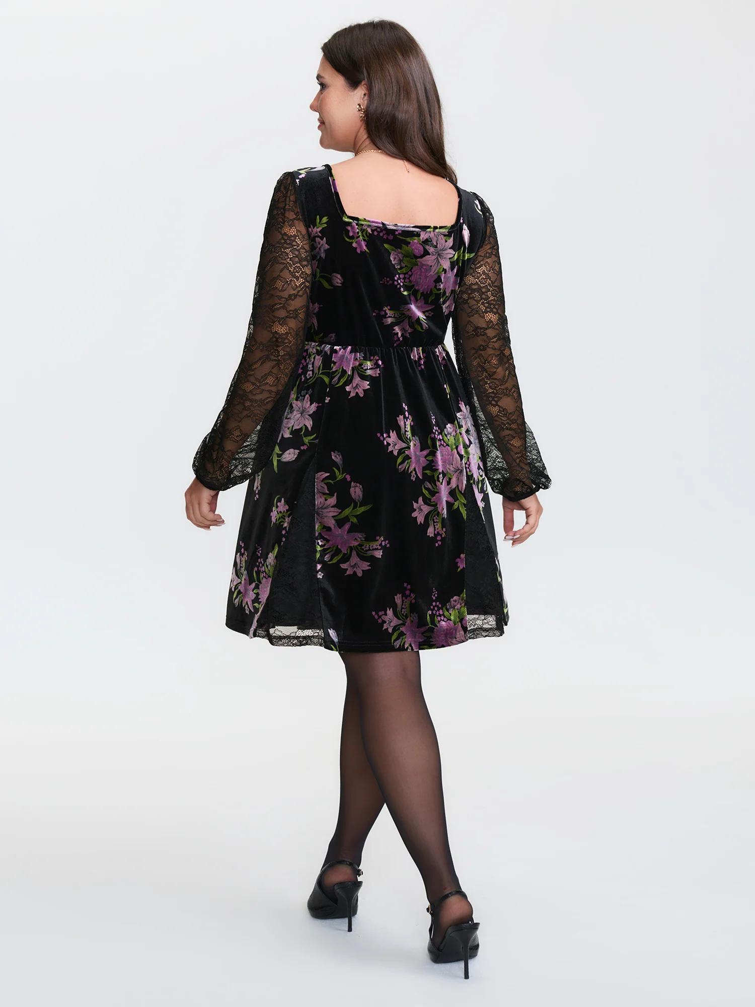 Velvet Floral Sheer Lace Knee Dress - Image 5
