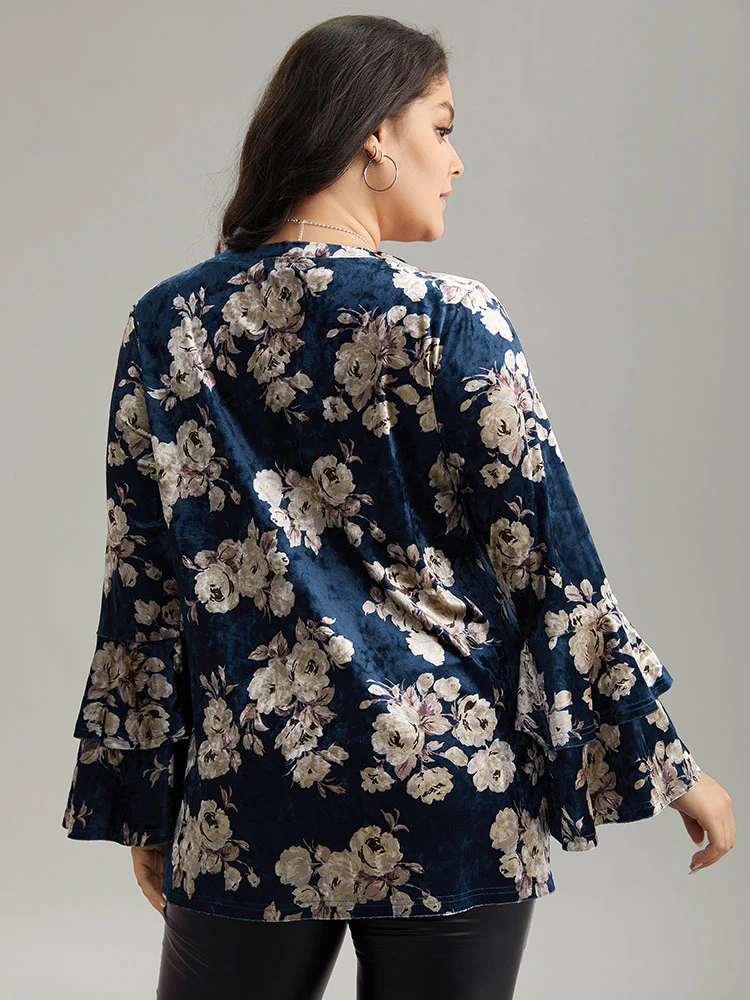 Velvet Floral Tiered Flounce Sleeve T-shirt - Image 2