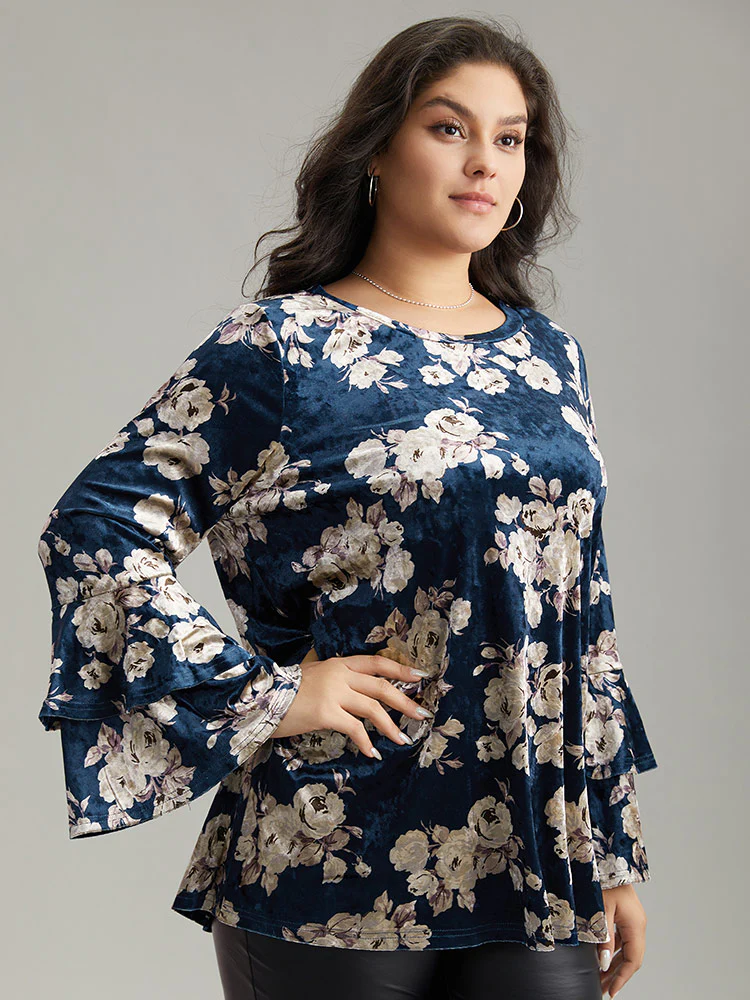 Velvet Floral Tiered Flounce Sleeve T-shirt - Image 3