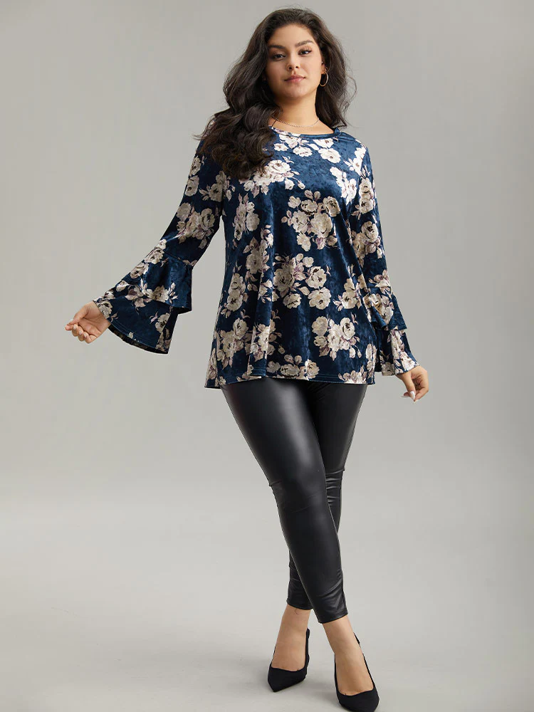 Velvet Floral Tiered Flounce Sleeve T-shirt - Image 4