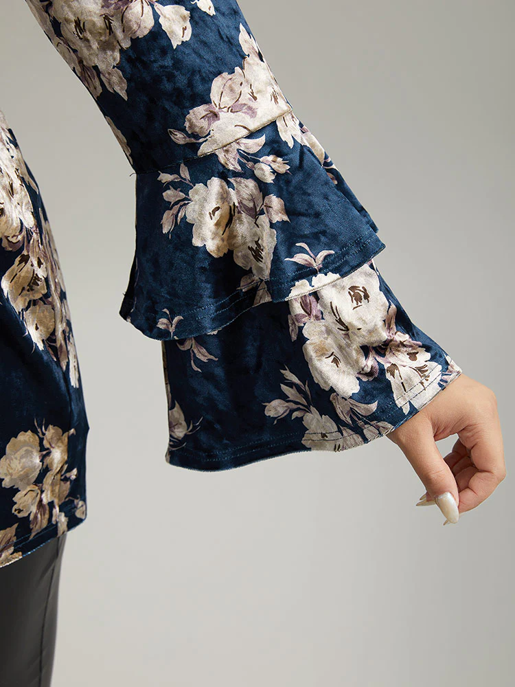 Velvet Floral Tiered Flounce Sleeve T-shirt - Image 6