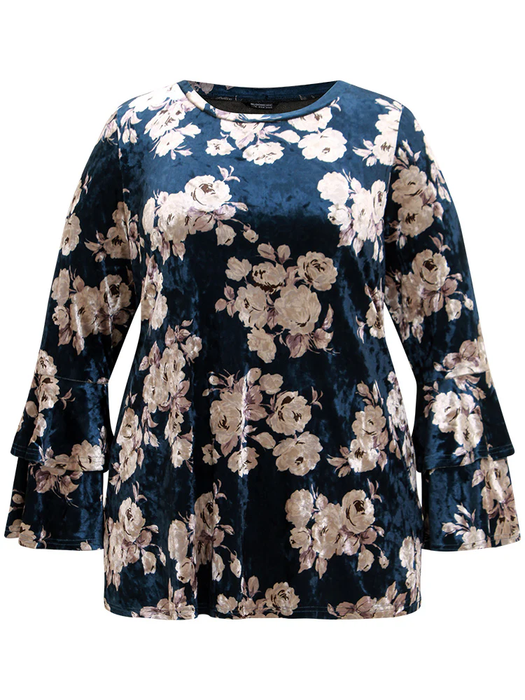 Velvet Floral Tiered Flounce Sleeve T-shirt - Image 7
