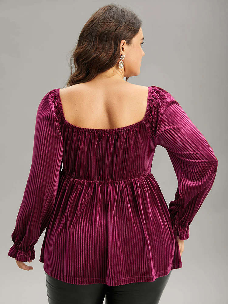 Velvet Frill Trim Shirred Square Neck Blouse - Image 2