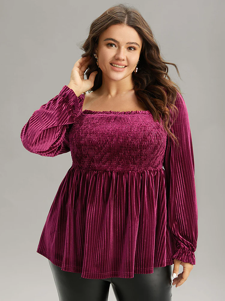 Velvet Frill Trim Shirred Square Neck Blouse - Image 3