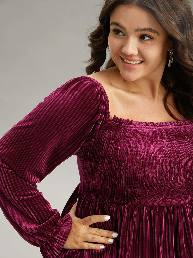 Velvet Frill Trim Shirred Square Neck Blouse - Image 5