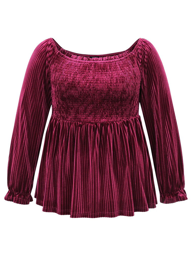 Velvet Frill Trim Shirred Square Neck Blouse - Image 6