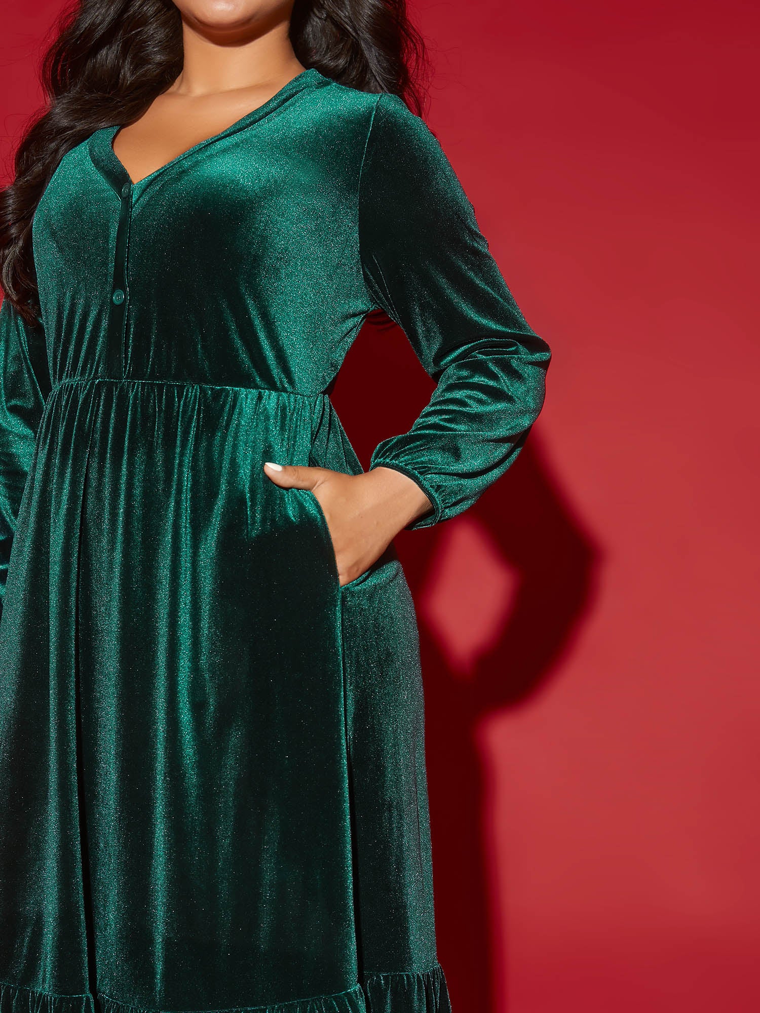 Velvet Front Button Pleated Midi Dress - Image 2