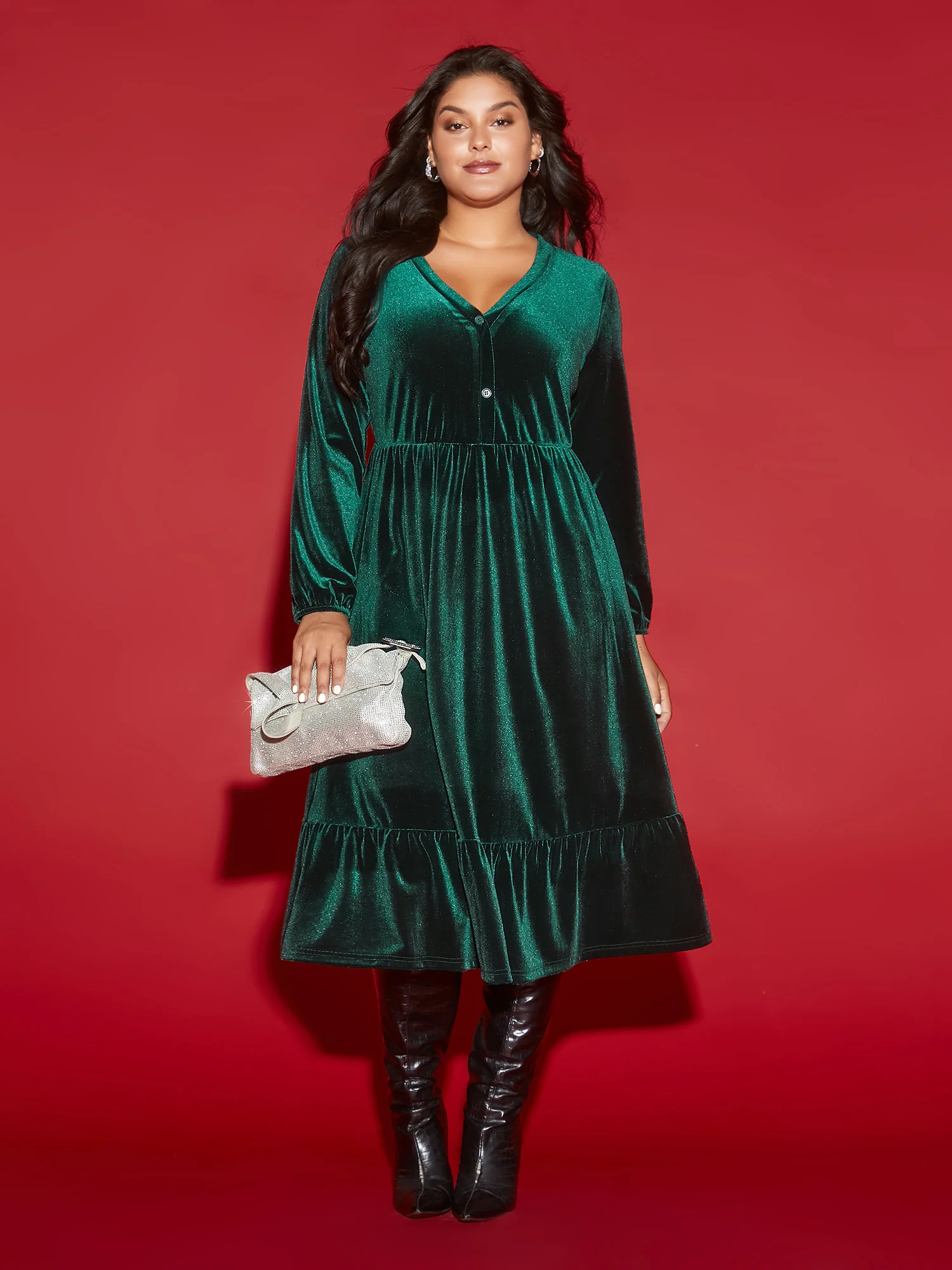 Velvet Front Button Pleated Midi Dress - Image 3