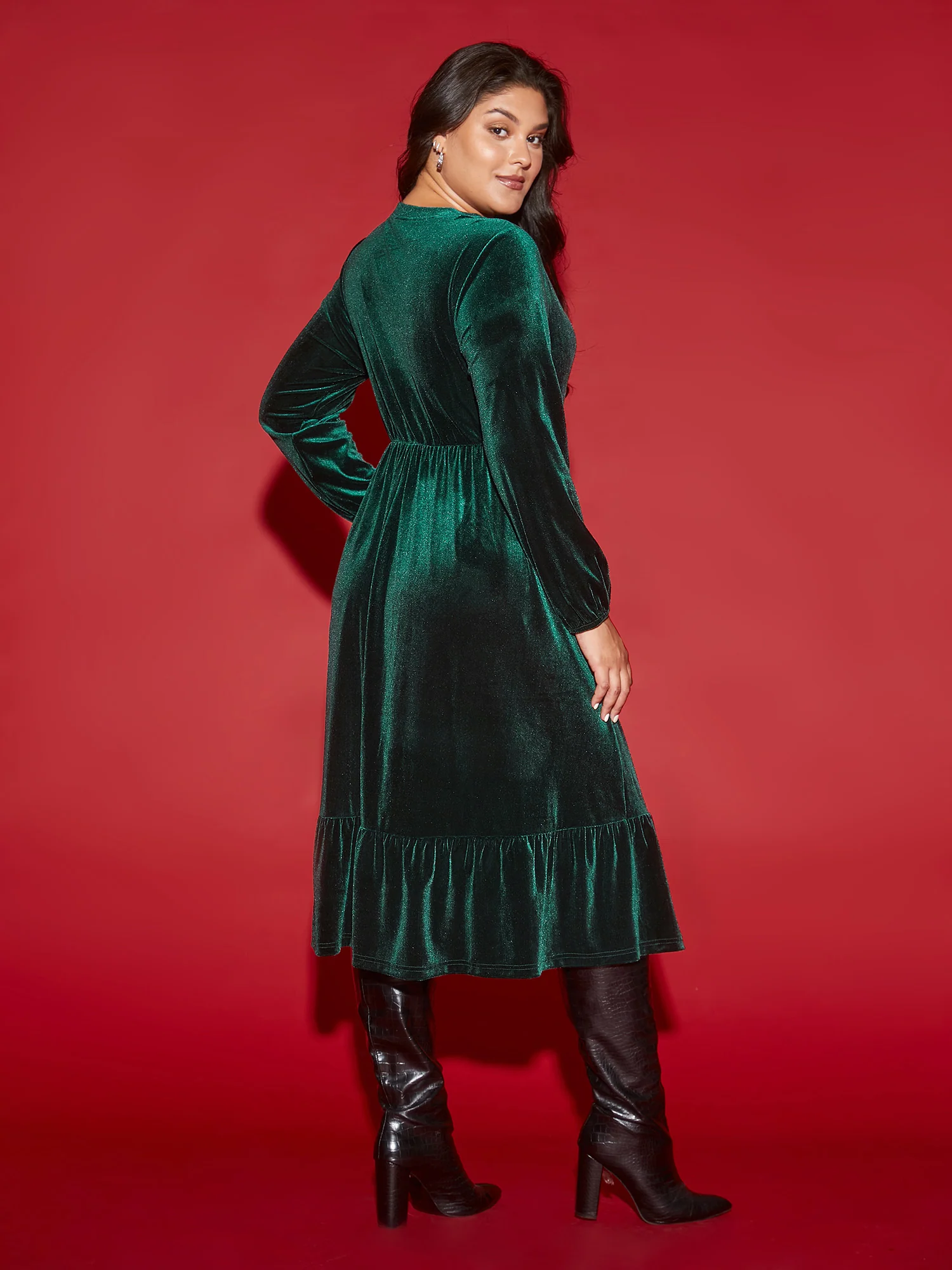 Velvet Front Button Pleated Midi Dress - Image 4