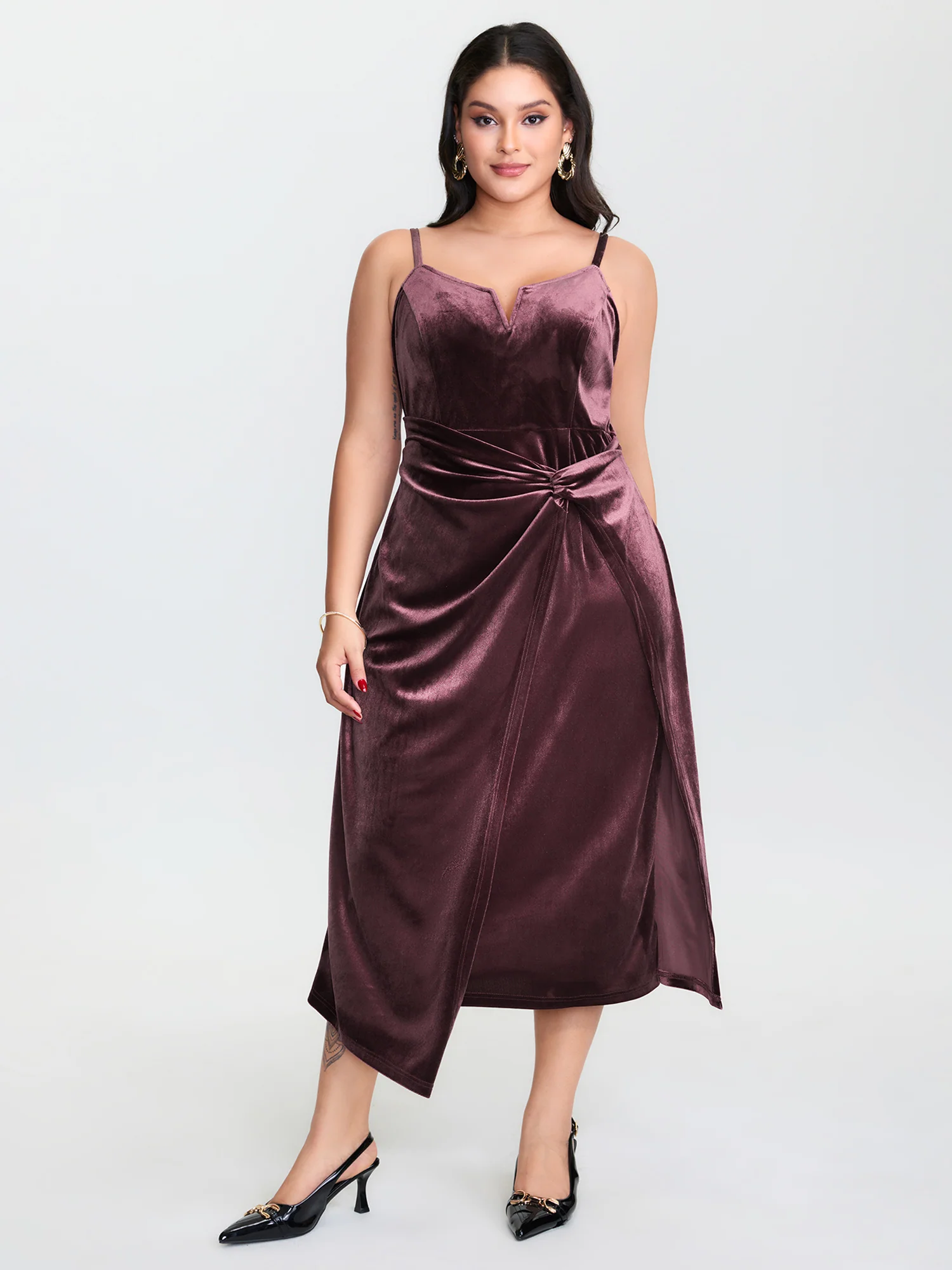 Velvet Gathered Waist Stretchy Midi Dress - Image 2