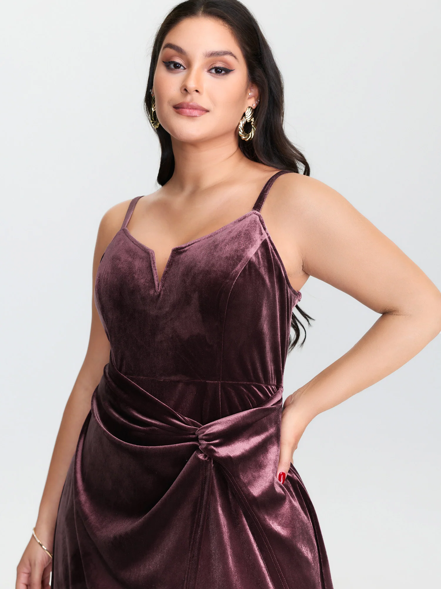 Velvet Gathered Waist Stretchy Midi Dress - Image 3