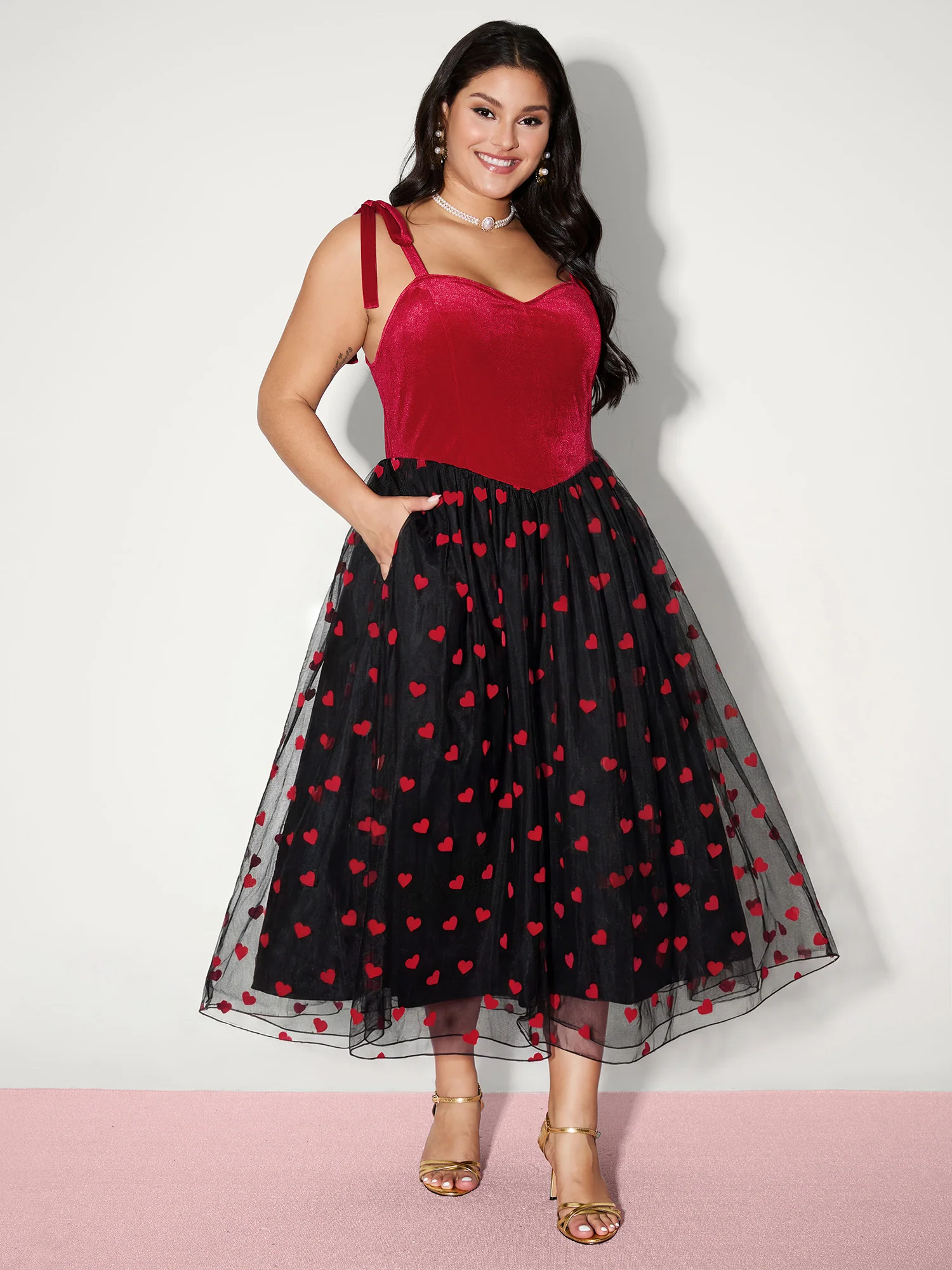 Velvet Heart Shaped Flocked Shoulder-Tie Maxi Dress - Image 2