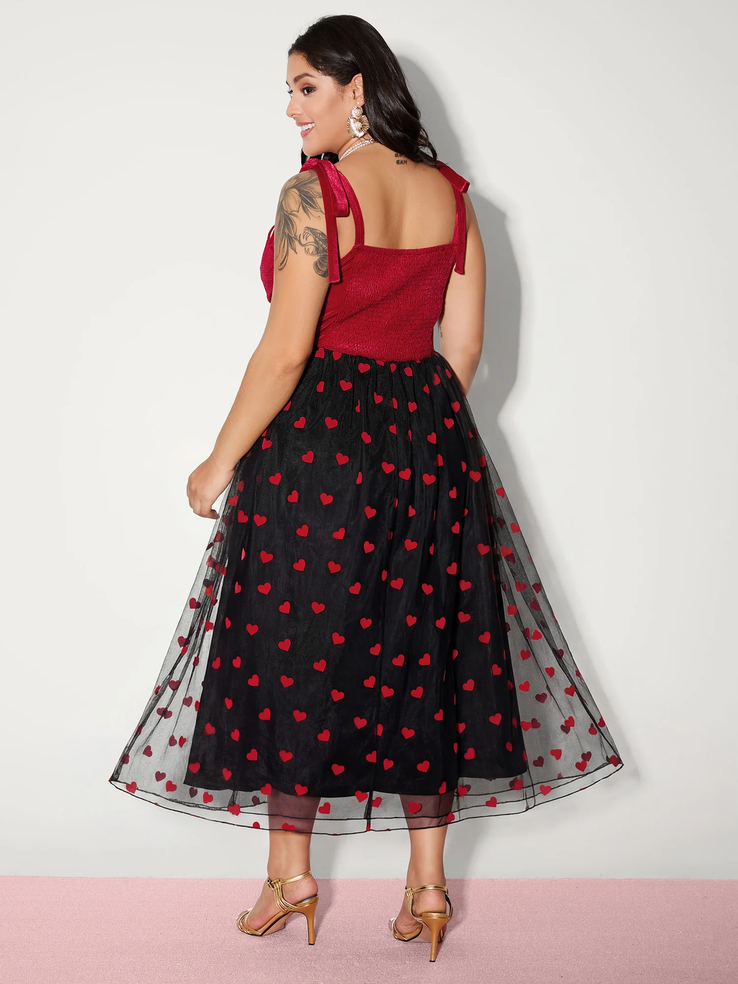 Velvet Heart Shaped Flocked Shoulder-Tie Maxi Dress - Image 5