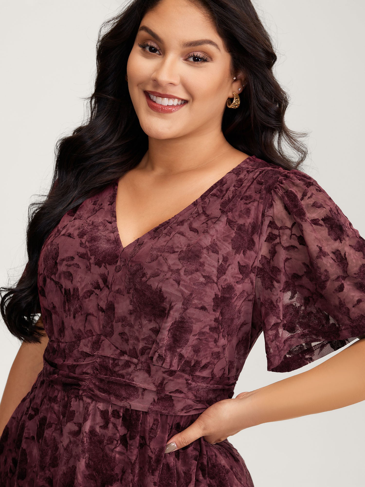 Velvet Jacquard Pleated Waist Sheer Midi Dress - Image 2