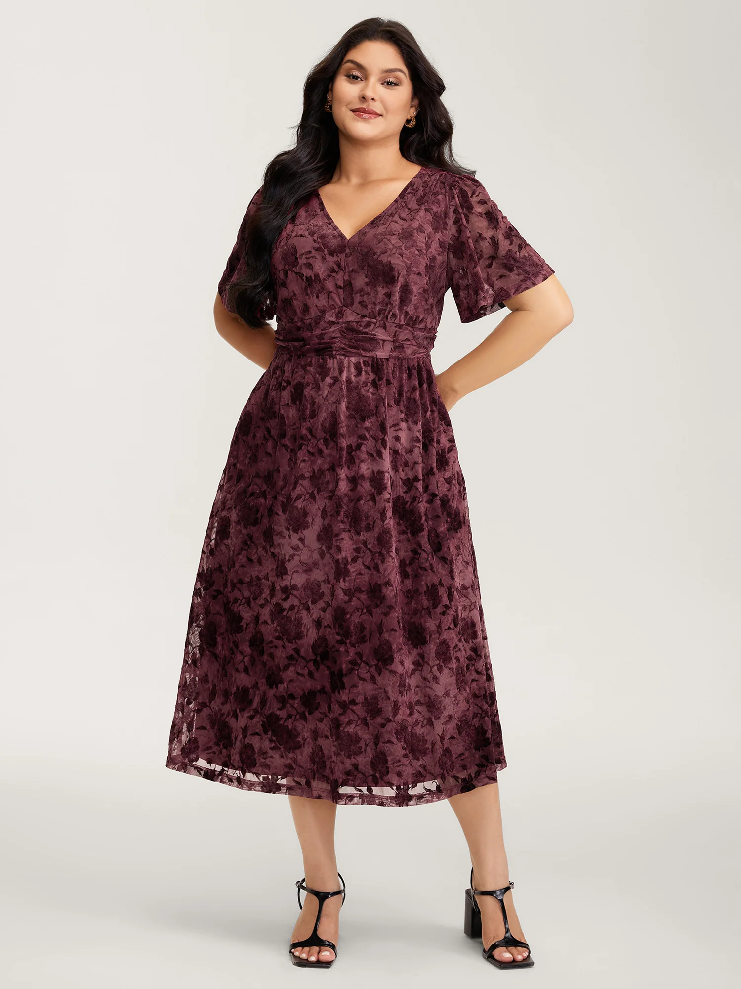 Velvet Jacquard Pleated Waist Sheer Midi Dress - Image 3