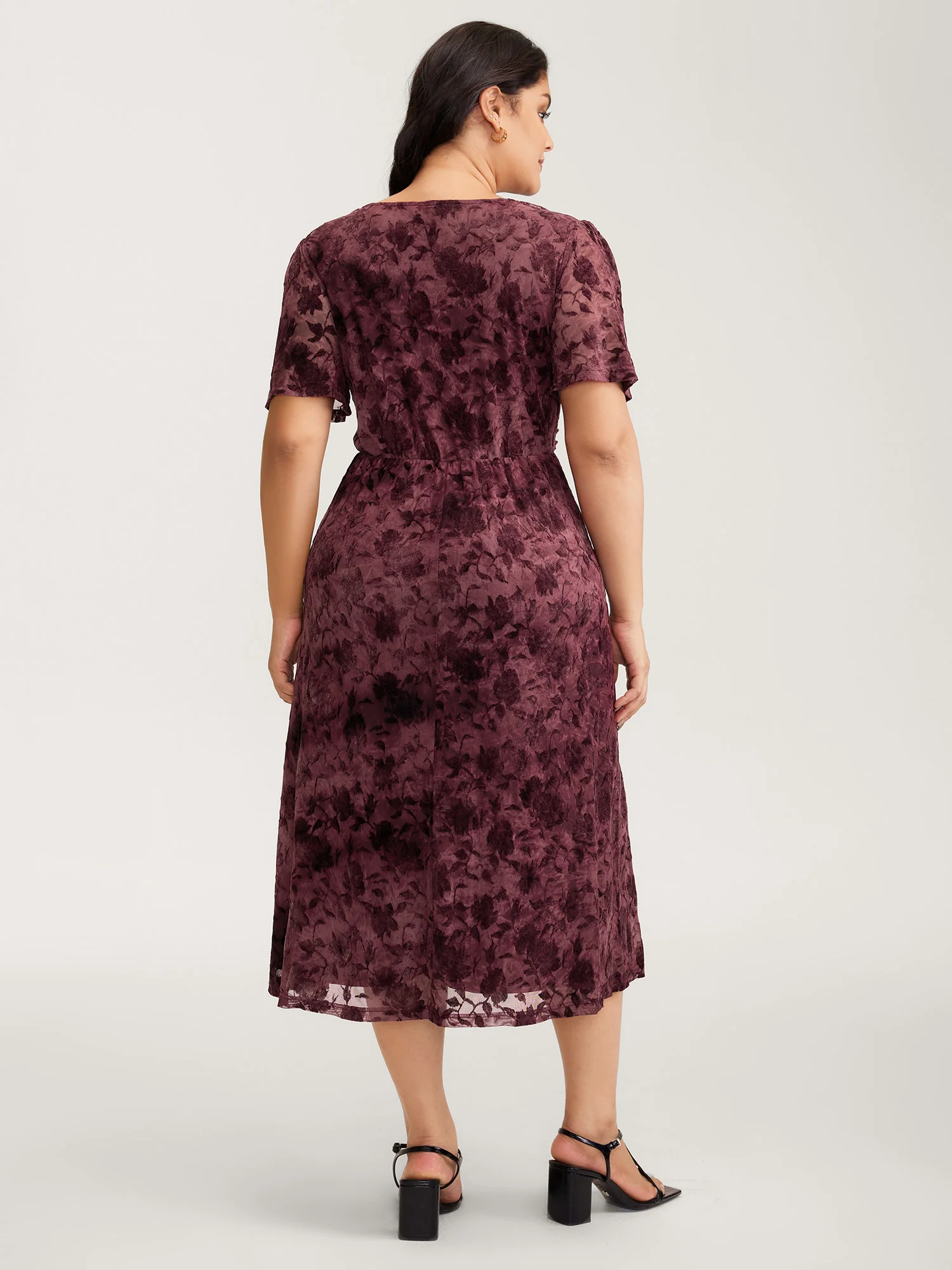 Velvet Jacquard Pleated Waist Sheer Midi Dress - Image 4
