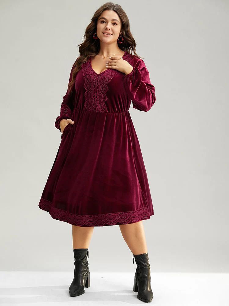 Velvet Lace Panel Elastic Cuffs Dress - Image 2
