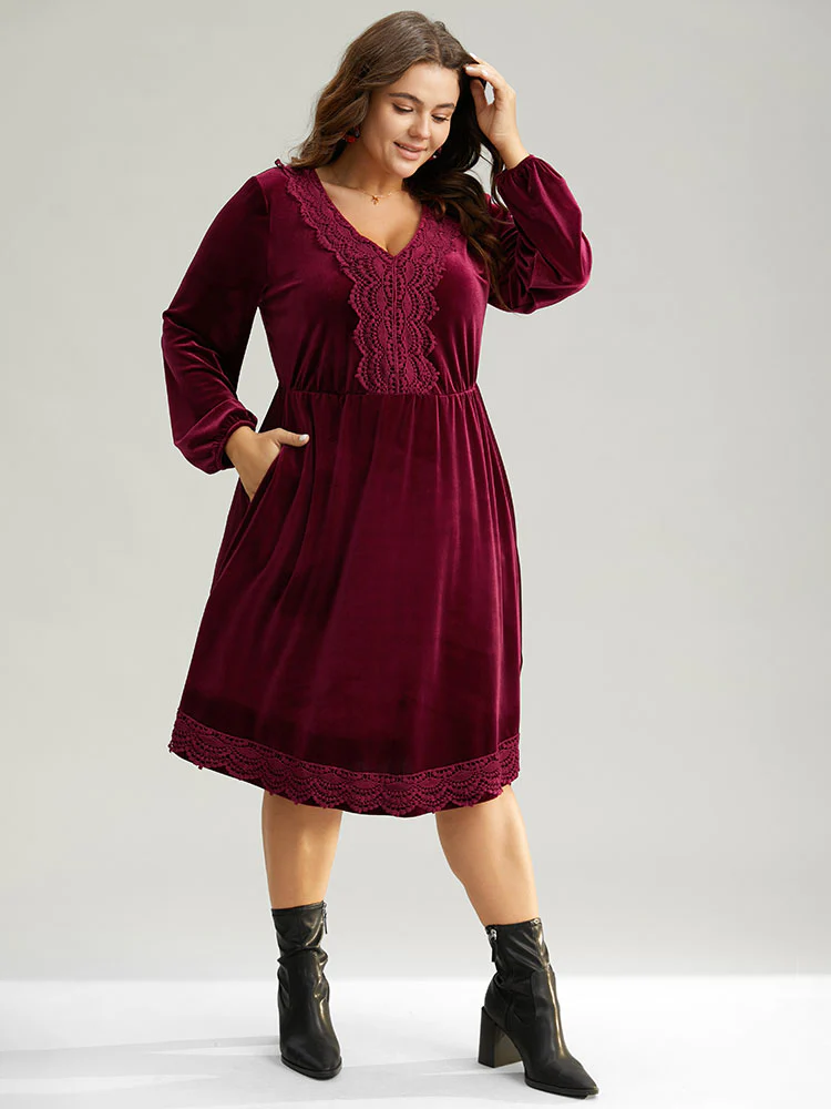 Velvet Lace Panel Elastic Cuffs Dress - Image 4