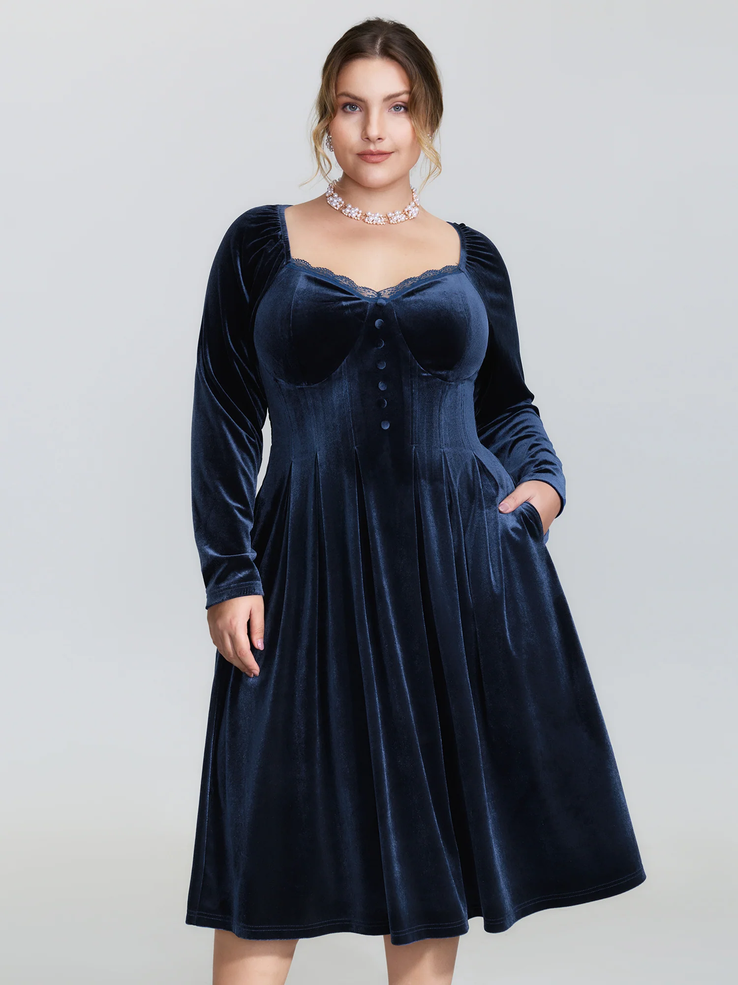 Velvet Lace Trim Stitch Shirred Midi Dress