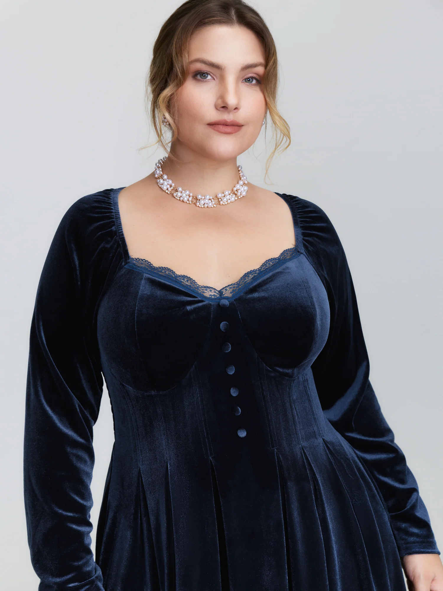 Velvet Lace Trim Stitch Shirred Midi Dress - Image 2