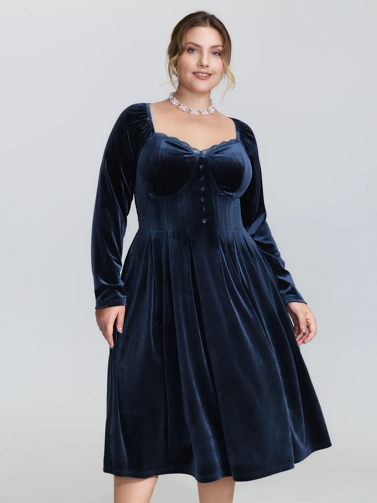 Velvet Lace Trim Stitch Shirred Midi Dress - Image 3