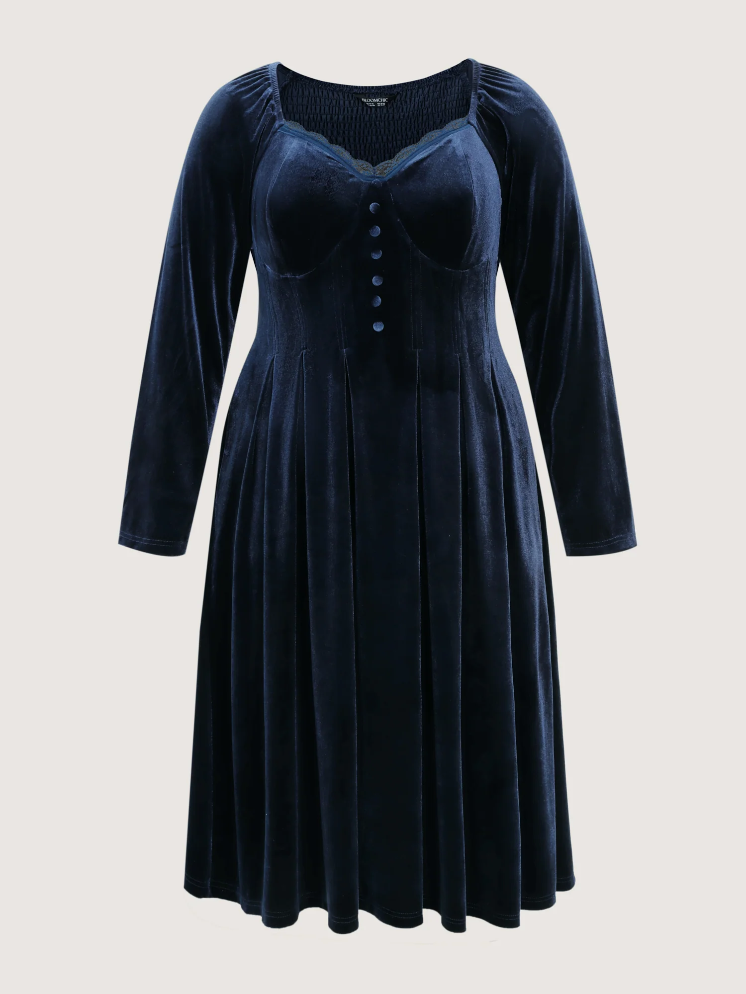 Velvet Lace Trim Stitch Shirred Midi Dress - Image 7