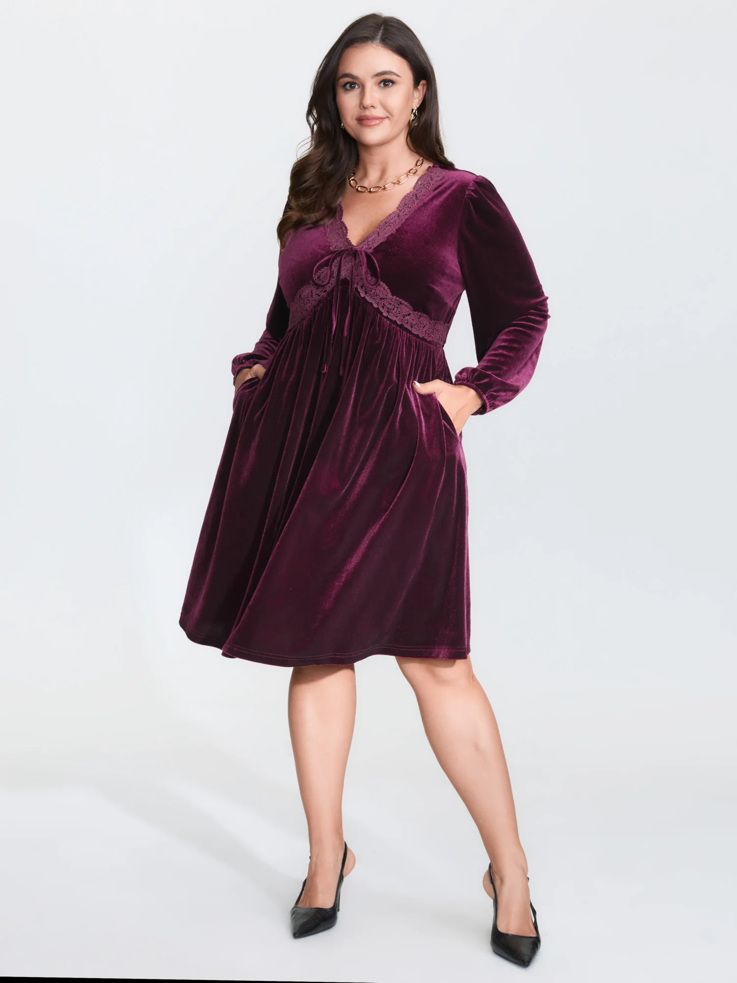 Velvet Lace Trim Stretchy Waist Midi Dress - Image 2