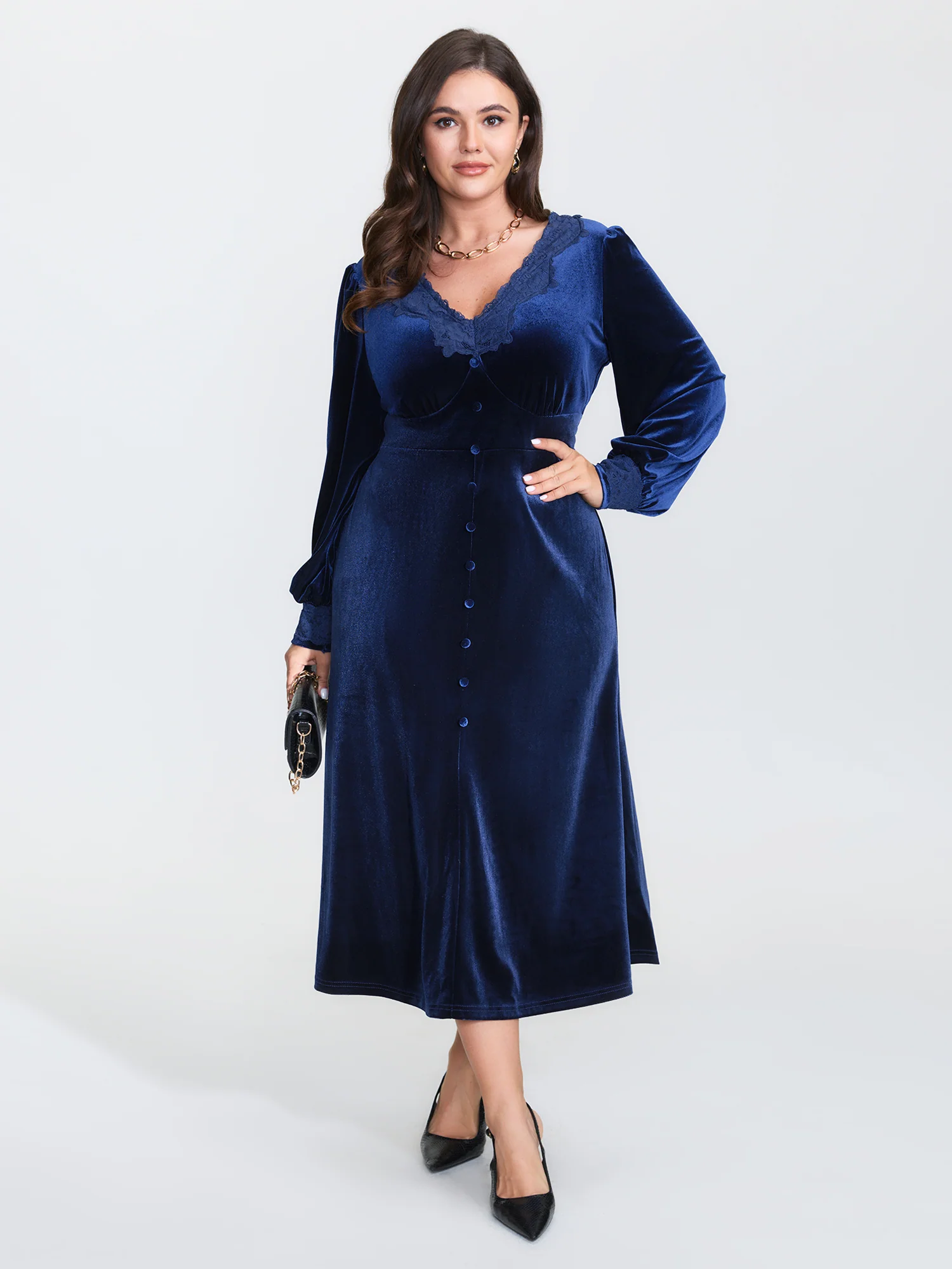 Velvet Lace Trim Waist-Defining Midi Dress - Image 2