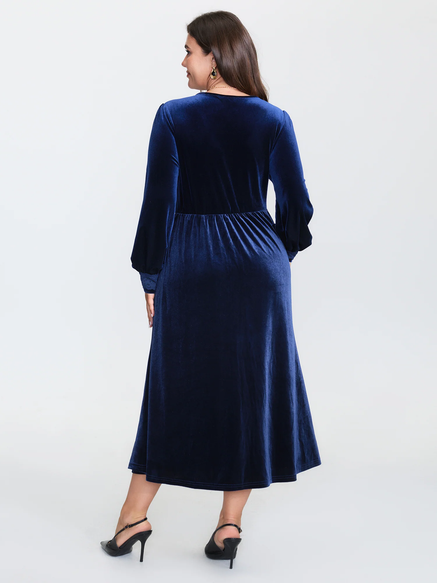 Velvet Lace Trim Waist-Defining Midi Dress - Image 4