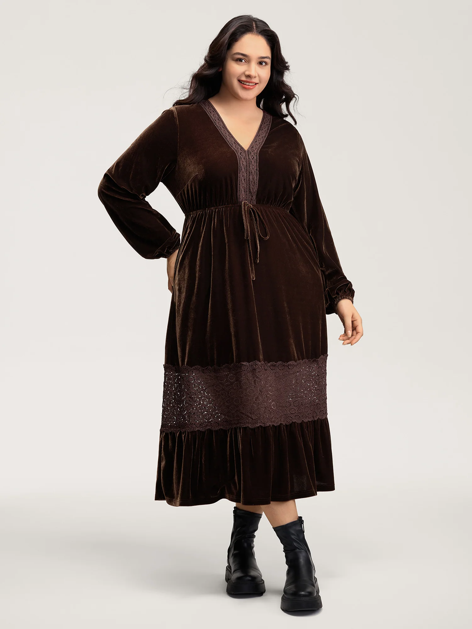 Velvet Lace Trim Waist-Tie Maxi Dress - Image 2