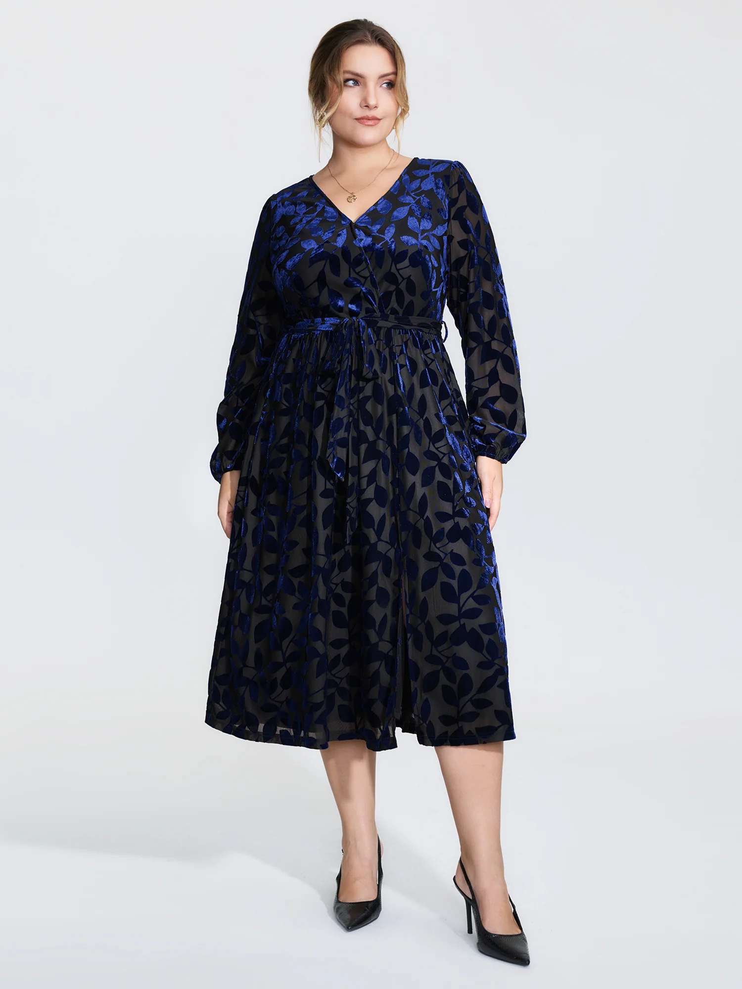Velvet Laser Cut Faux Wrap Midi Dress - Image 3