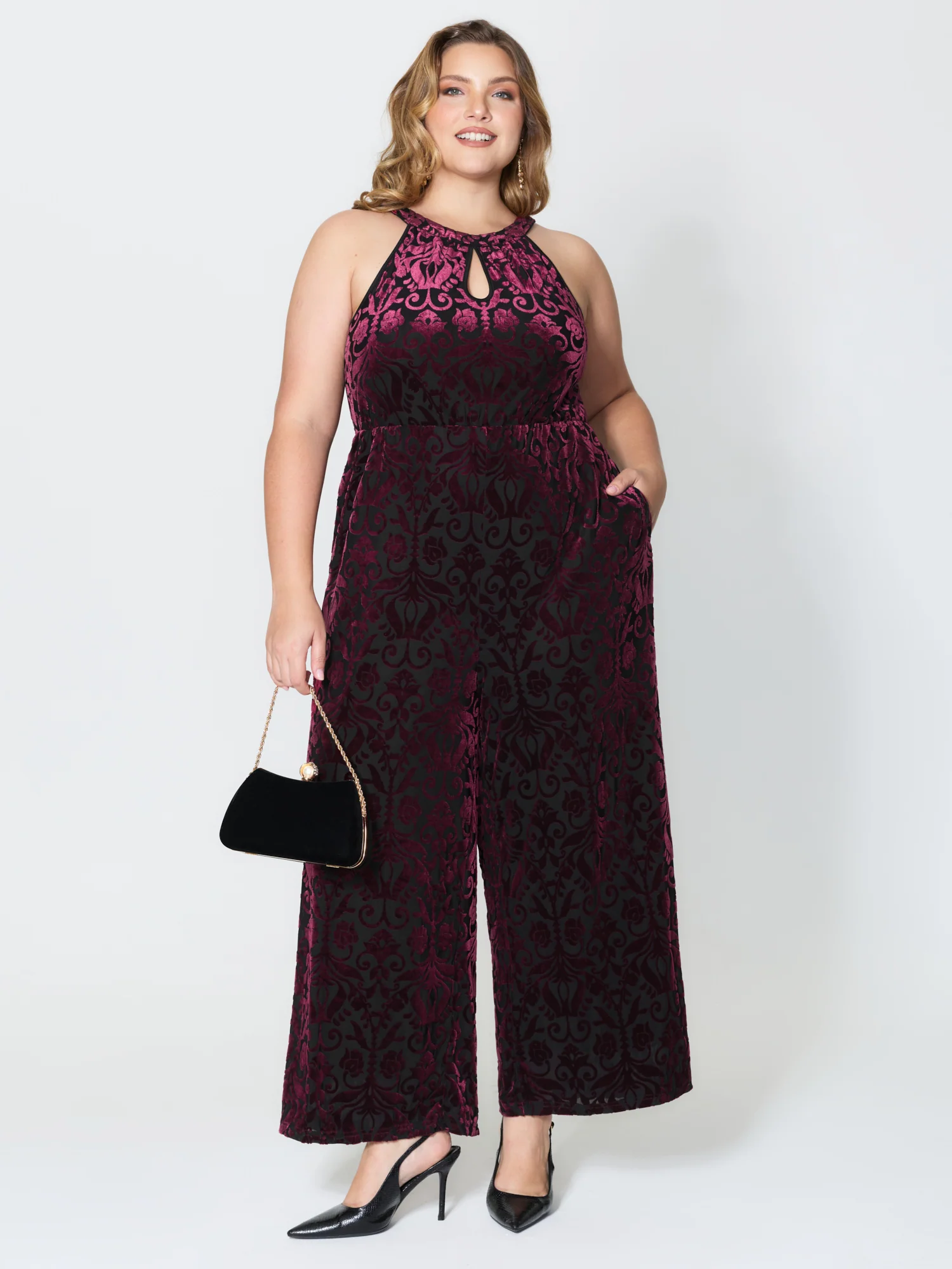 Velvet Laser Cut Lined Wide-Leg Jumpsuit - Image 3