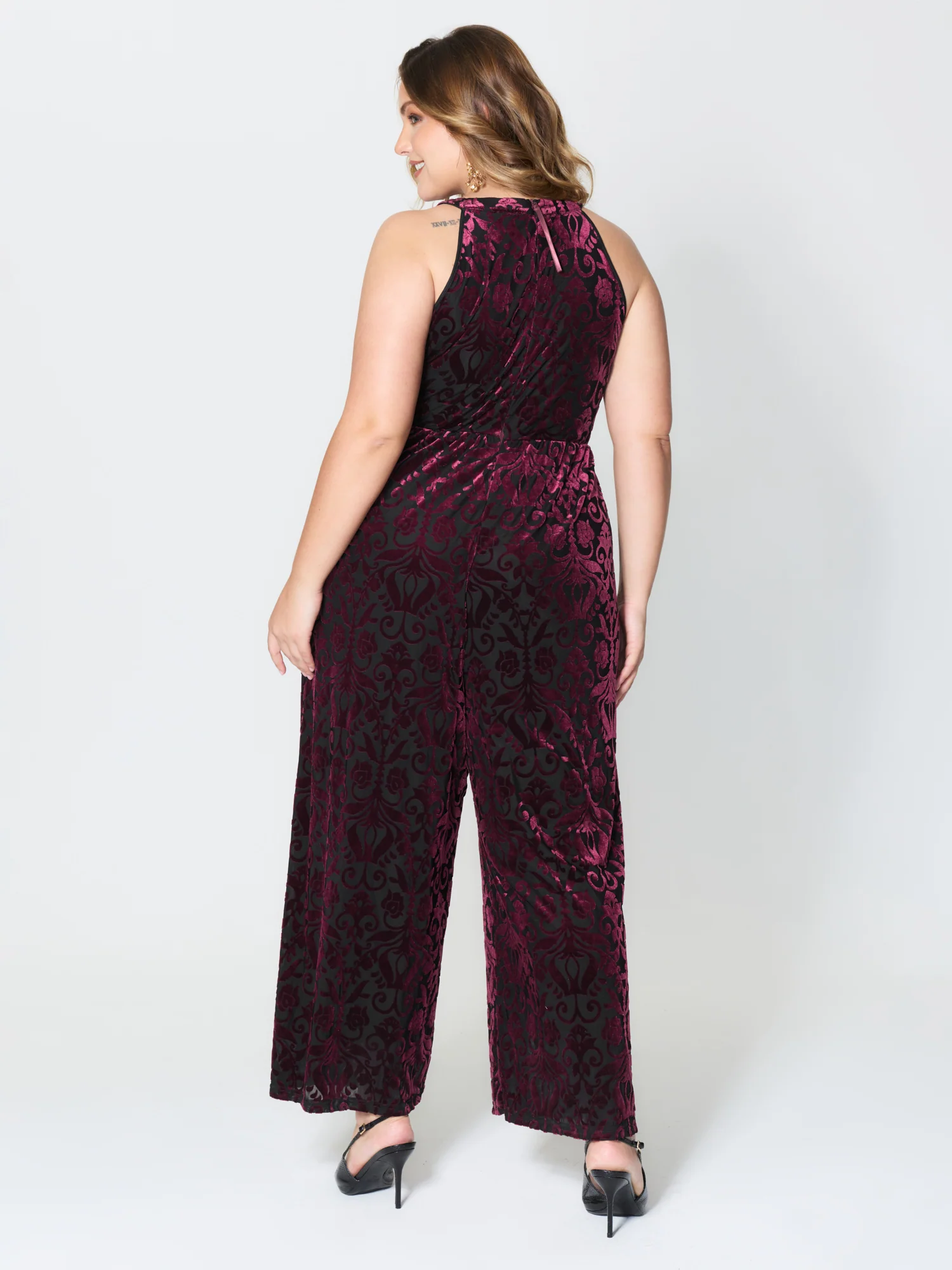 Velvet Laser Cut Lined Wide-Leg Jumpsuit - Image 4