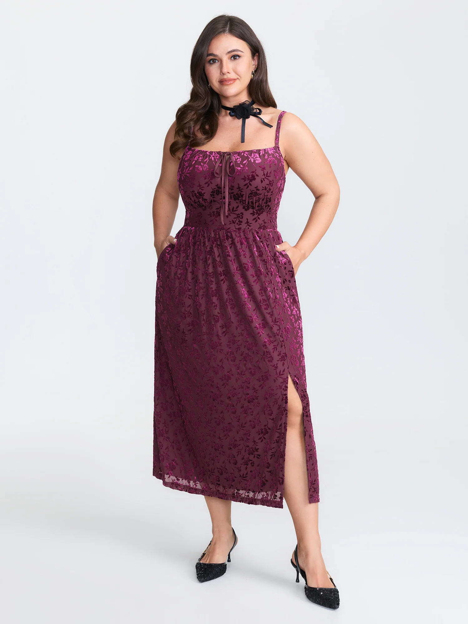 Velvet Laser Cut Pattern Drawstring Midi Dress