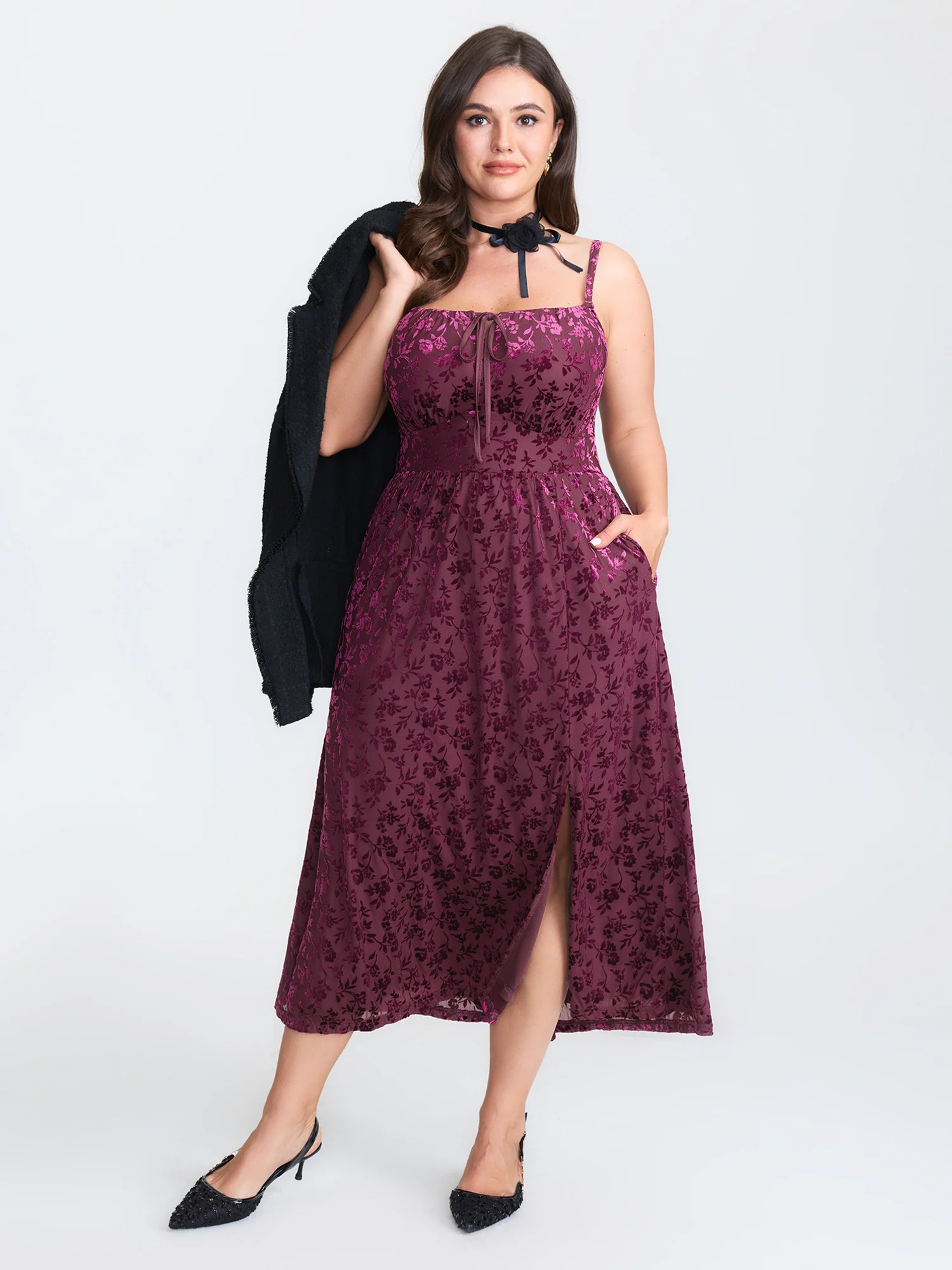 Velvet Laser Cut Pattern Drawstring Midi Dress - Image 2
