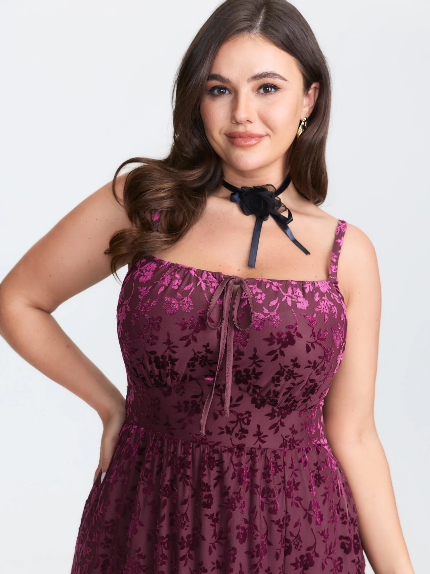 Velvet Laser Cut Pattern Drawstring Midi Dress - Image 3