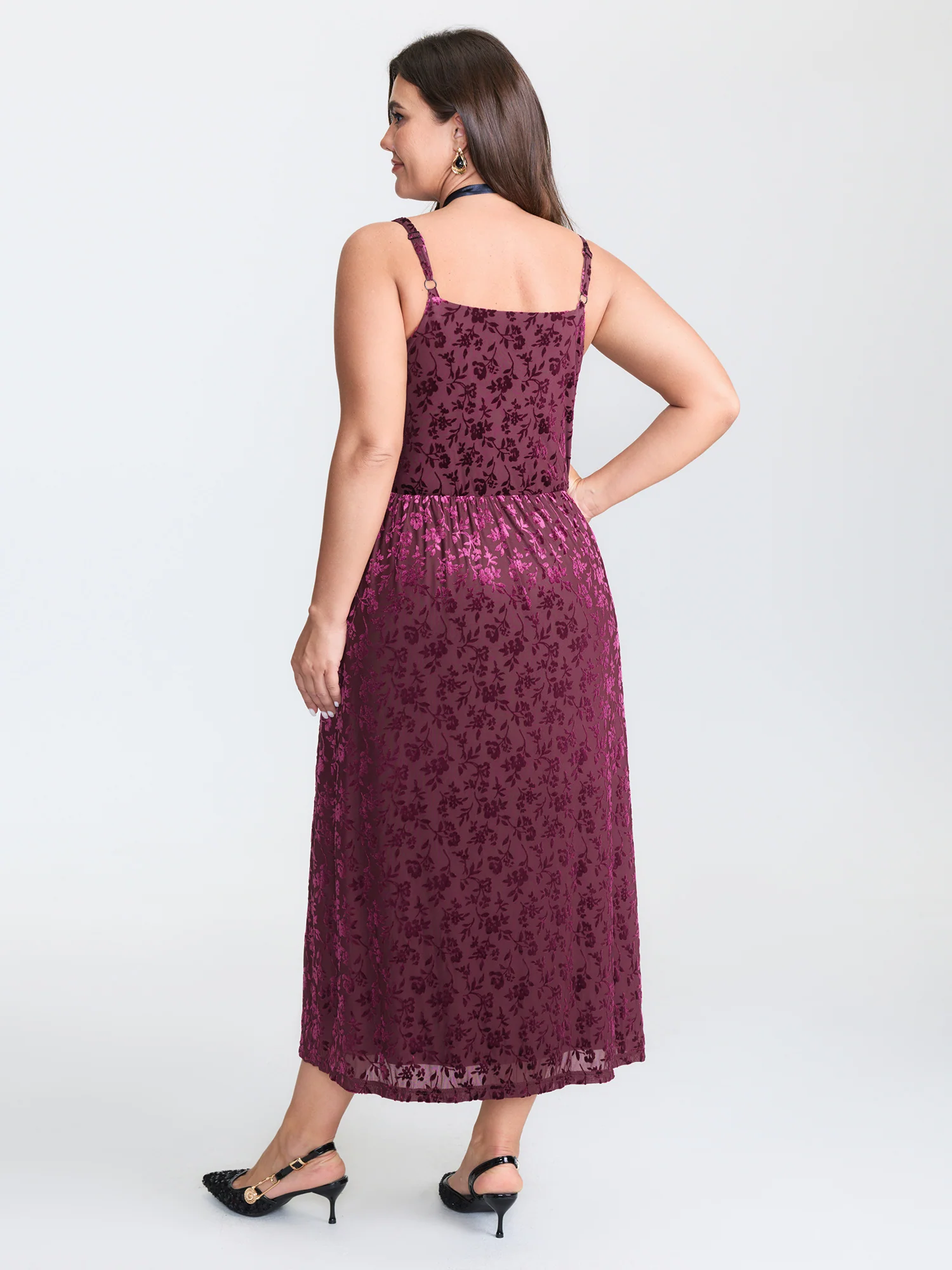 Velvet Laser Cut Pattern Drawstring Midi Dress - Image 4