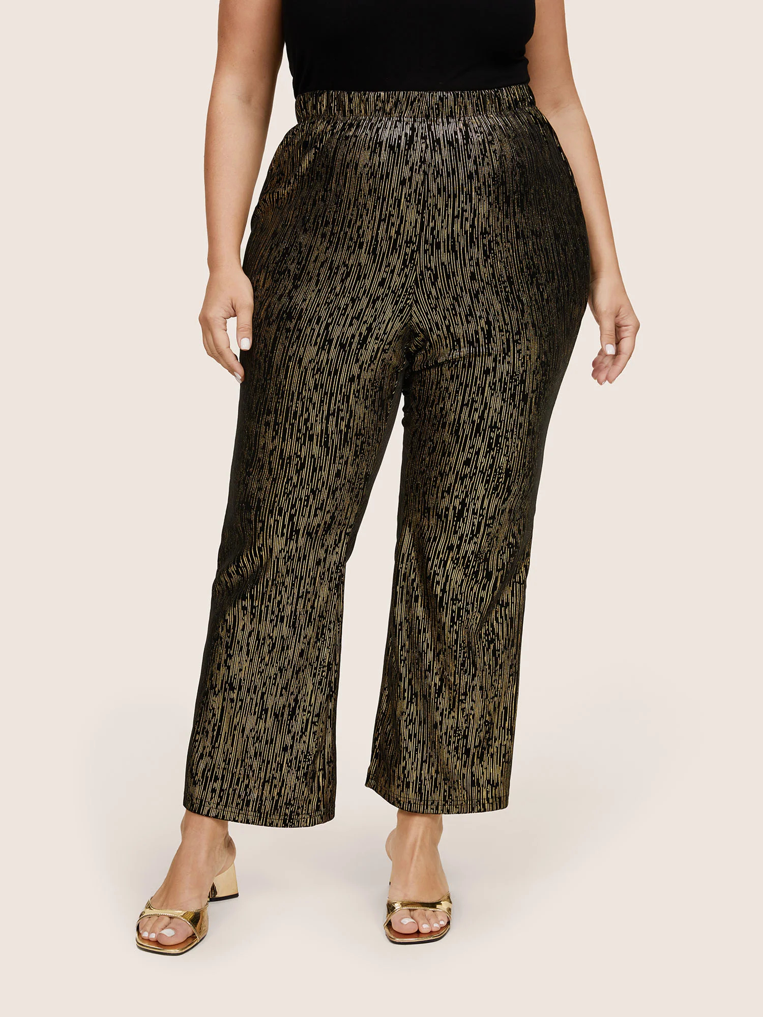 Velvet Striped Elastic Waist Flare Leg Pants - Image 2