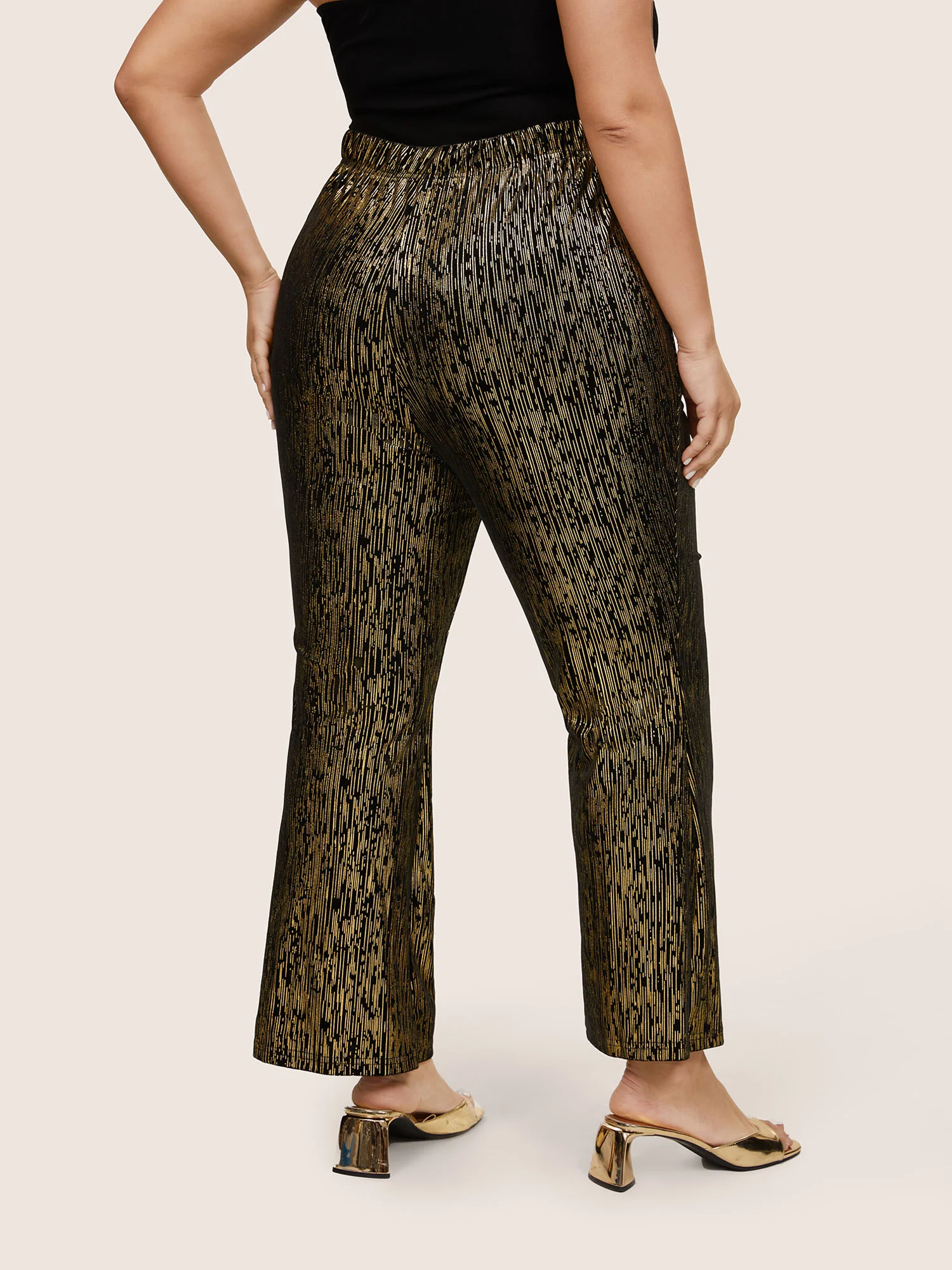 Velvet Striped Elastic Waist Flare Leg Pants - Image 3