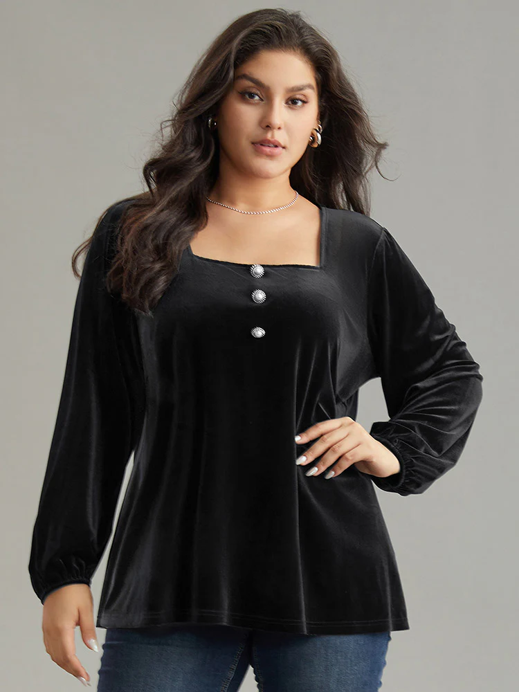 Velvet Metal Button Detail Blouse - Image 2