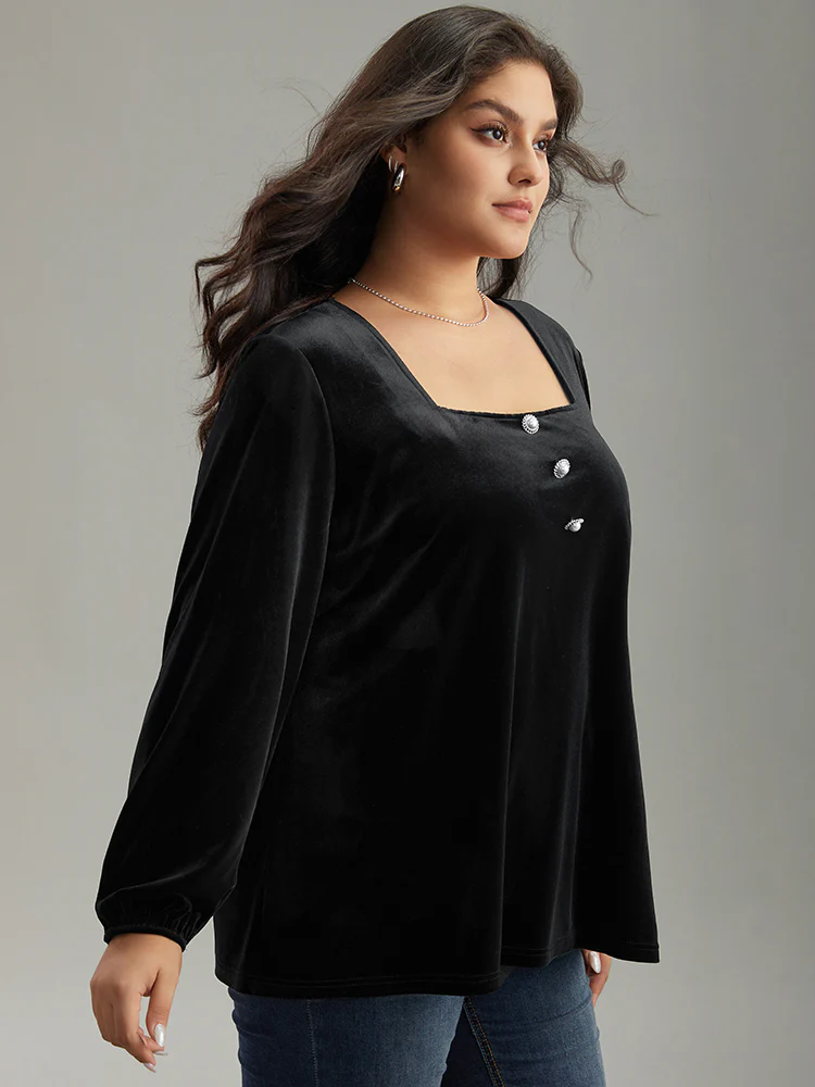 Velvet Metal Button Detail Blouse - Image 3