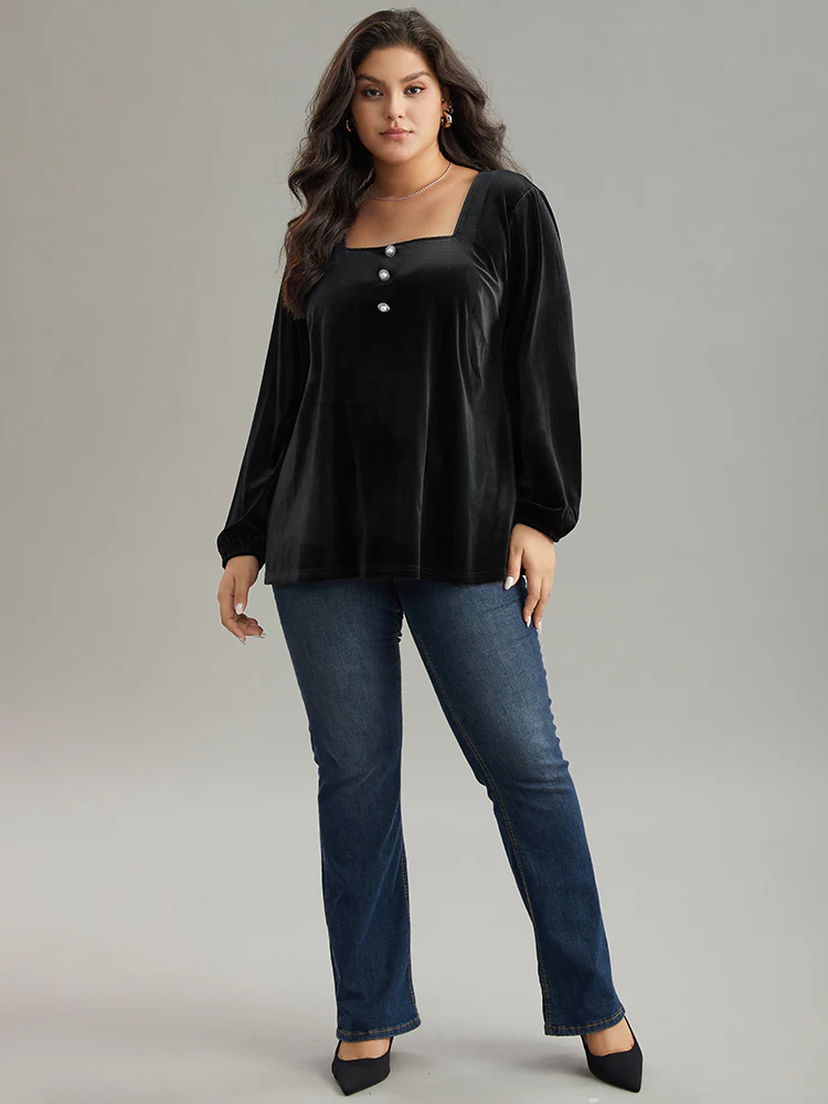 Velvet Metal Button Detail Blouse - Image 5