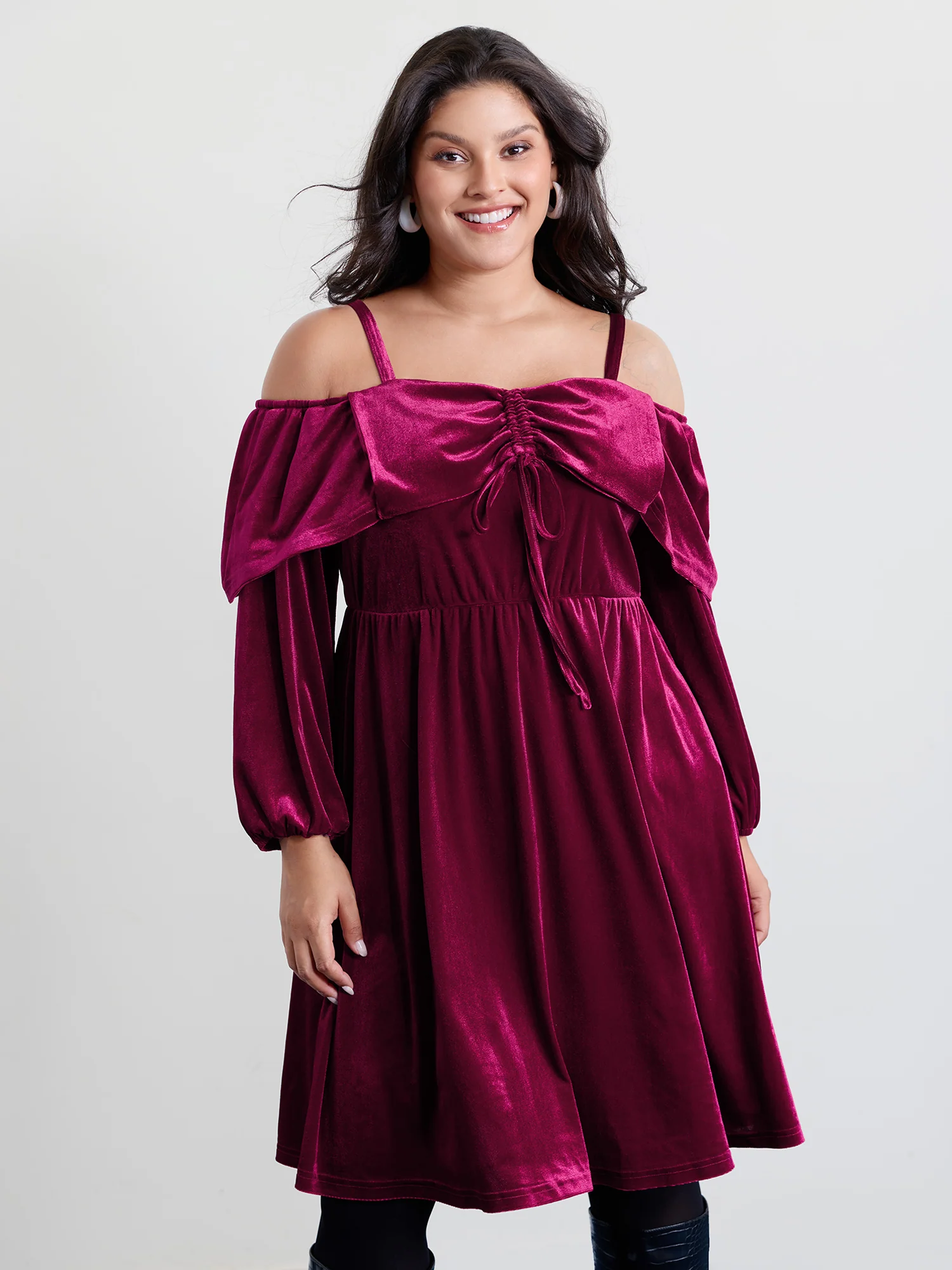 Velvet Off-Shoulder Bow Pockets Midi Dress - Image 3