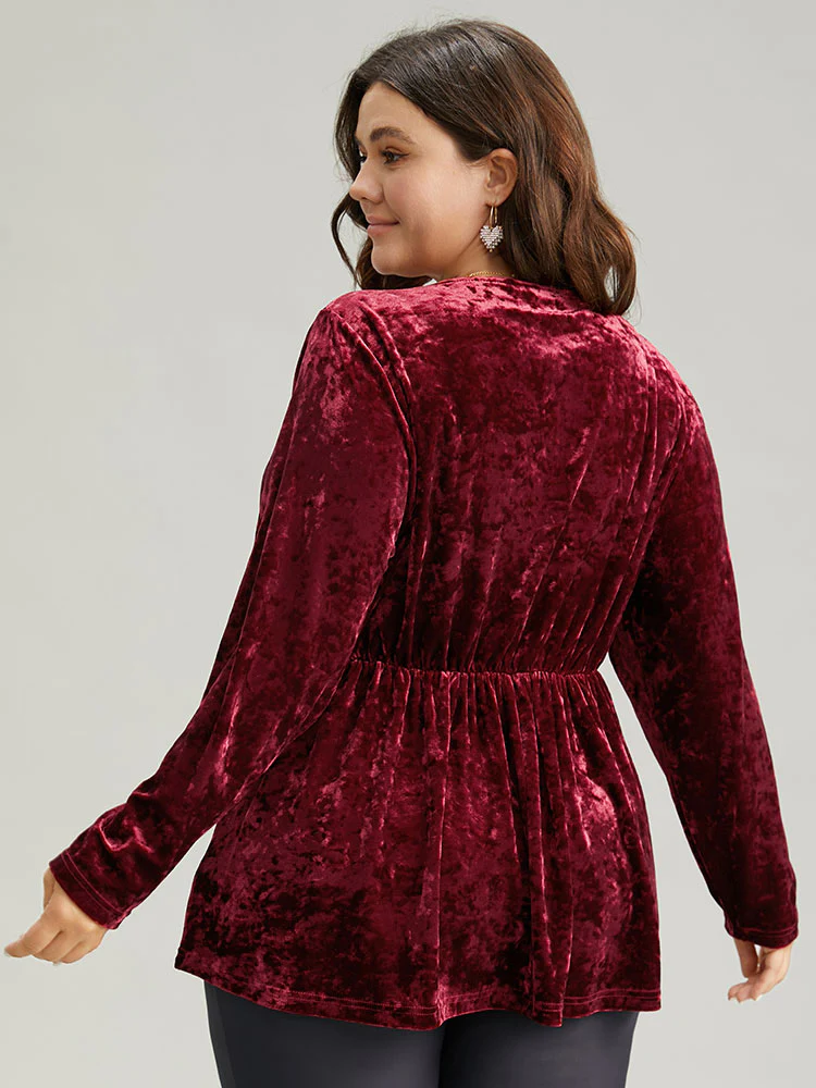 Velvet Overlap Collar Elastic Waist Buckle Detail Blouse - Image 3