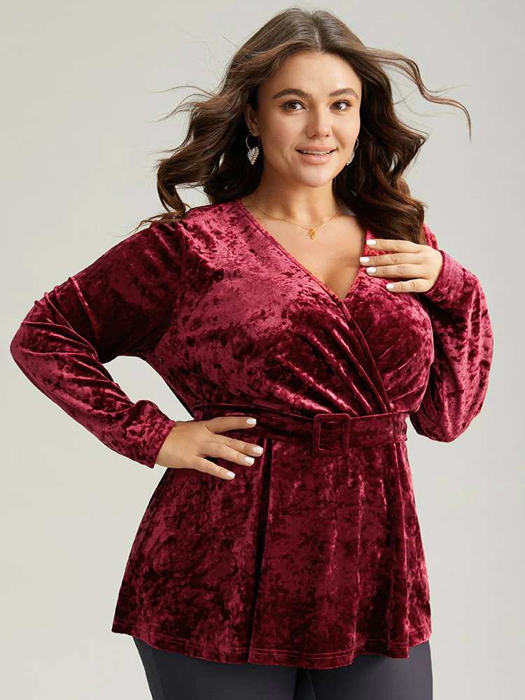 Velvet Overlap Collar Elastic Waist Buckle Detail Blouse - Image 4