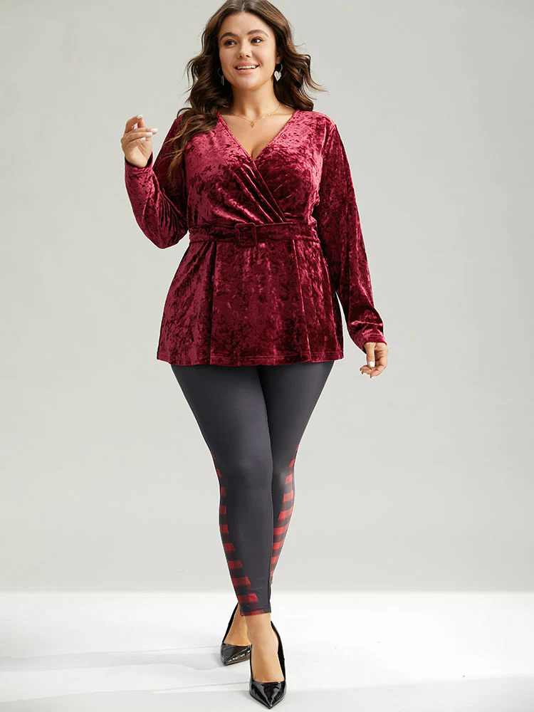 Velvet Overlap Collar Elastic Waist Buckle Detail Blouse - Image 5
