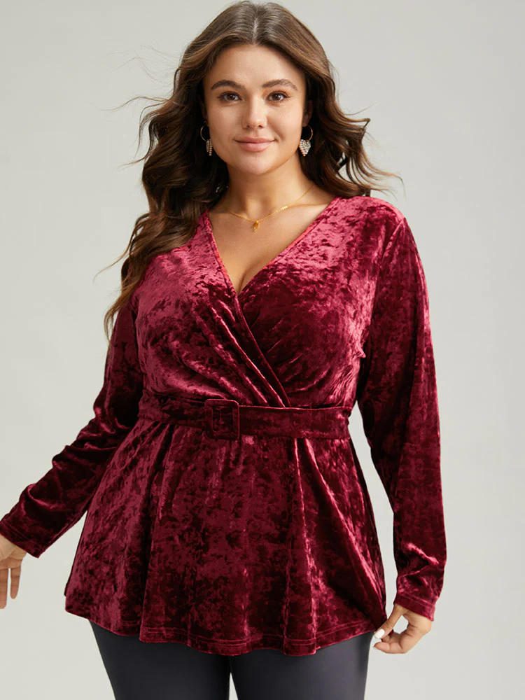 Velvet Overlap Collar Elastic Waist Buckle Detail Blouse - Image 6