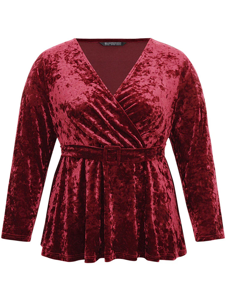 Velvet Overlap Collar Elastic Waist Buckle Detail Blouse - Image 8