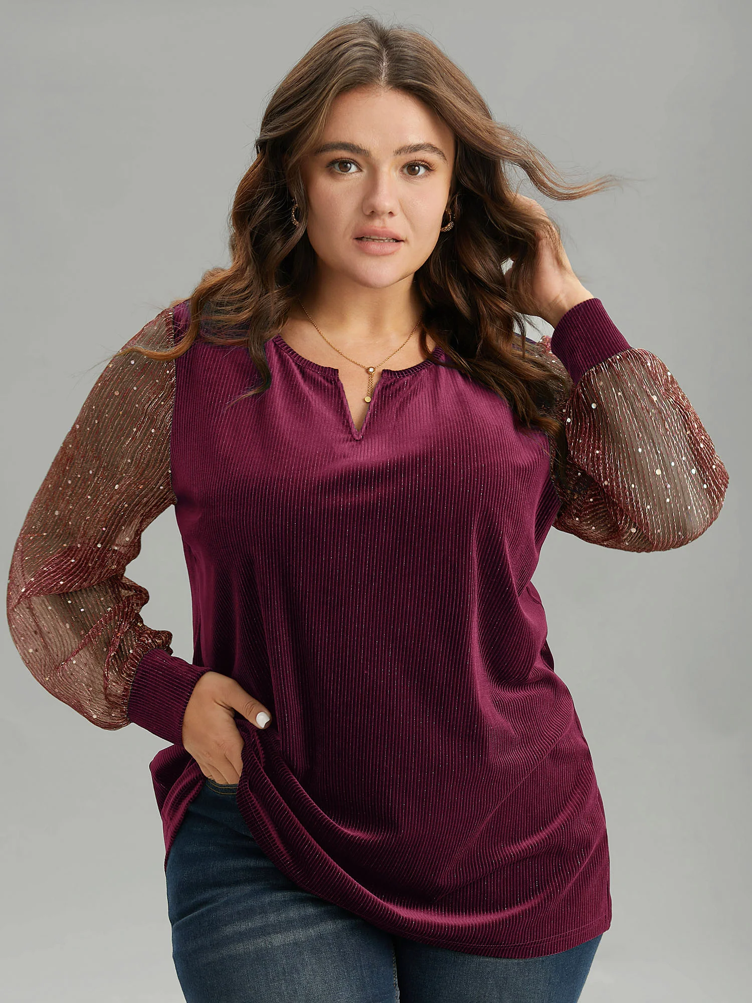 Velvet Patchwork Mesh Sequin Notched T-shirt - Image 10